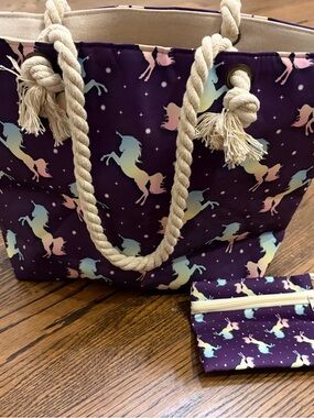 Purple Unicorn Tote Bag with Pastel Accents and matching zip pouch, NWOT